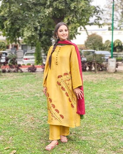 Pure Crushed tissue Hand work Phulkari Kurta - Mustard Yellow Bloom