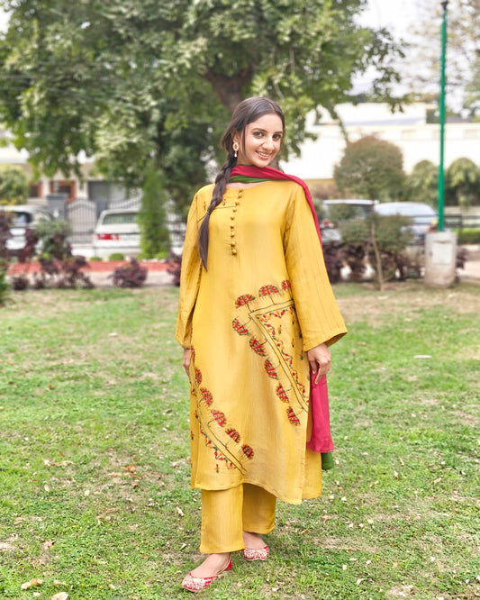 Pure Crushed tissue Hand Embroidered Phulkari Suit with dupatta - Mustard Yellow Bloom