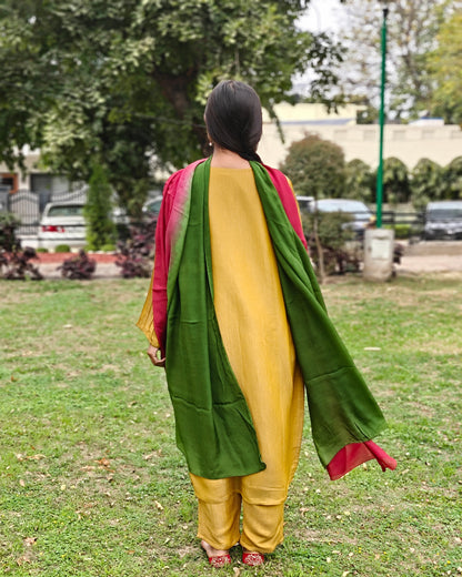 Pure Crushed tissue Hand Embroidered Phulkari Suit with dupatta - Mustard Yellow Bloom