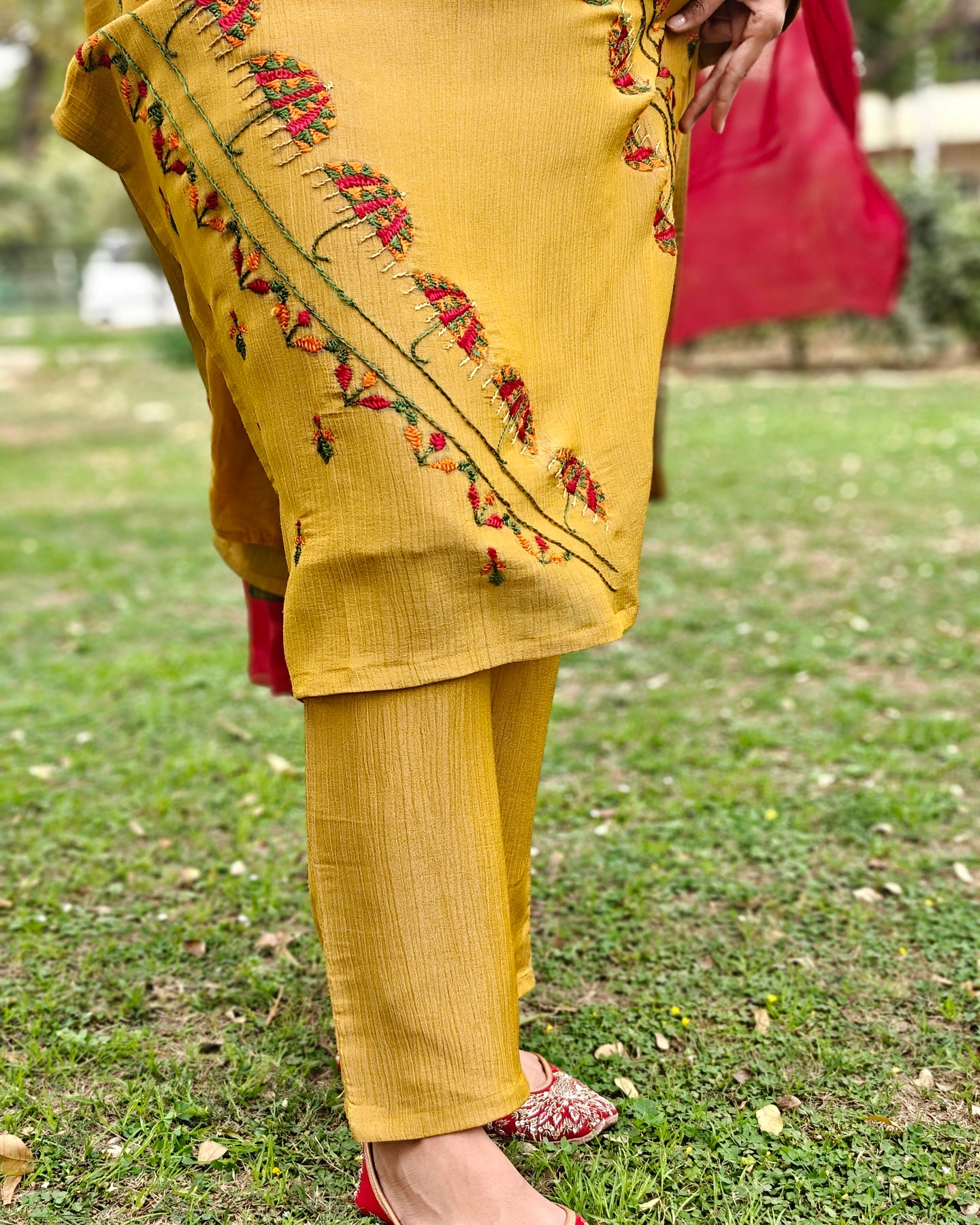 Pure Crushed tissue Hand Embroidered Phulkari Suit with dupatta - Mustard Yellow Bloom