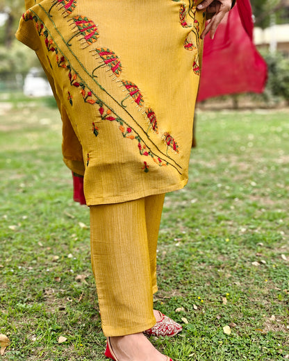 Pure Crushed tissue Hand Embroidered Phulkari Suit with dupatta - Mustard Yellow Bloom