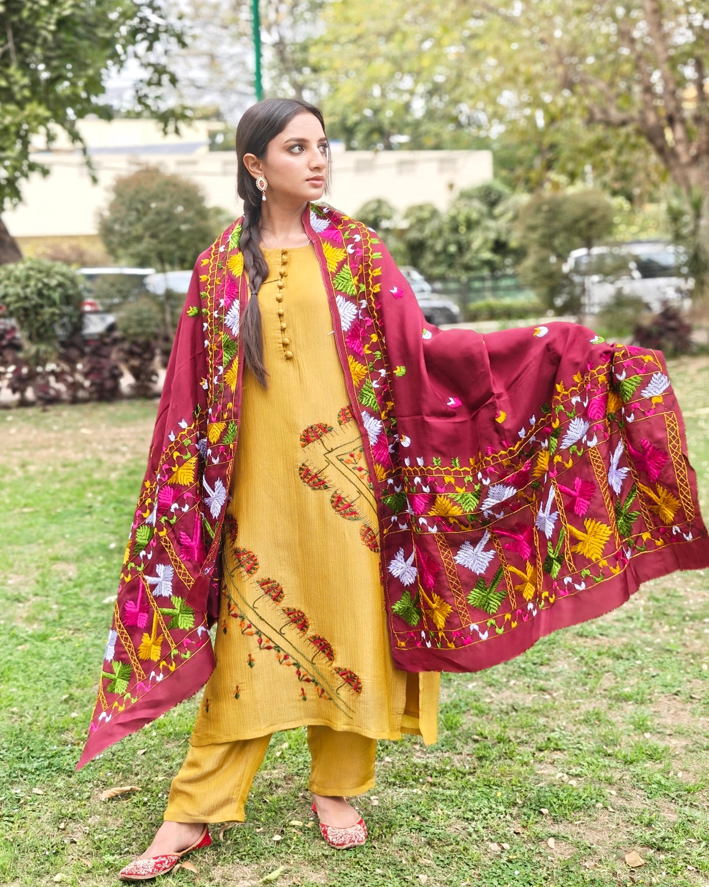 Pure Crushed tissue Hand Embroidered Phulkari Suit with dupatta - Mustard Yellow Bloom