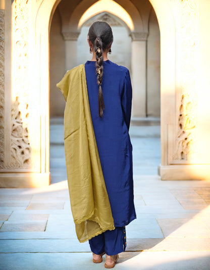 Pure Cotton Crepe Hand Embroidered Phulkari Suit with dupatta - Heritage Navy Blue