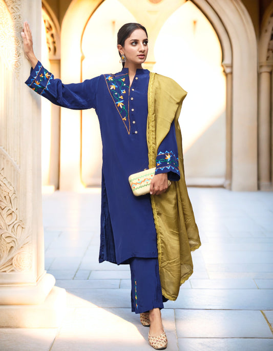 Pure Cotton Crepe Hand Embroidered Phulkari Suit with dupatta - Heritage Navy Blue