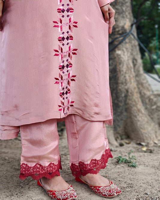 Pure Tissue Hand Work Phulkari Pants- Blush Pink