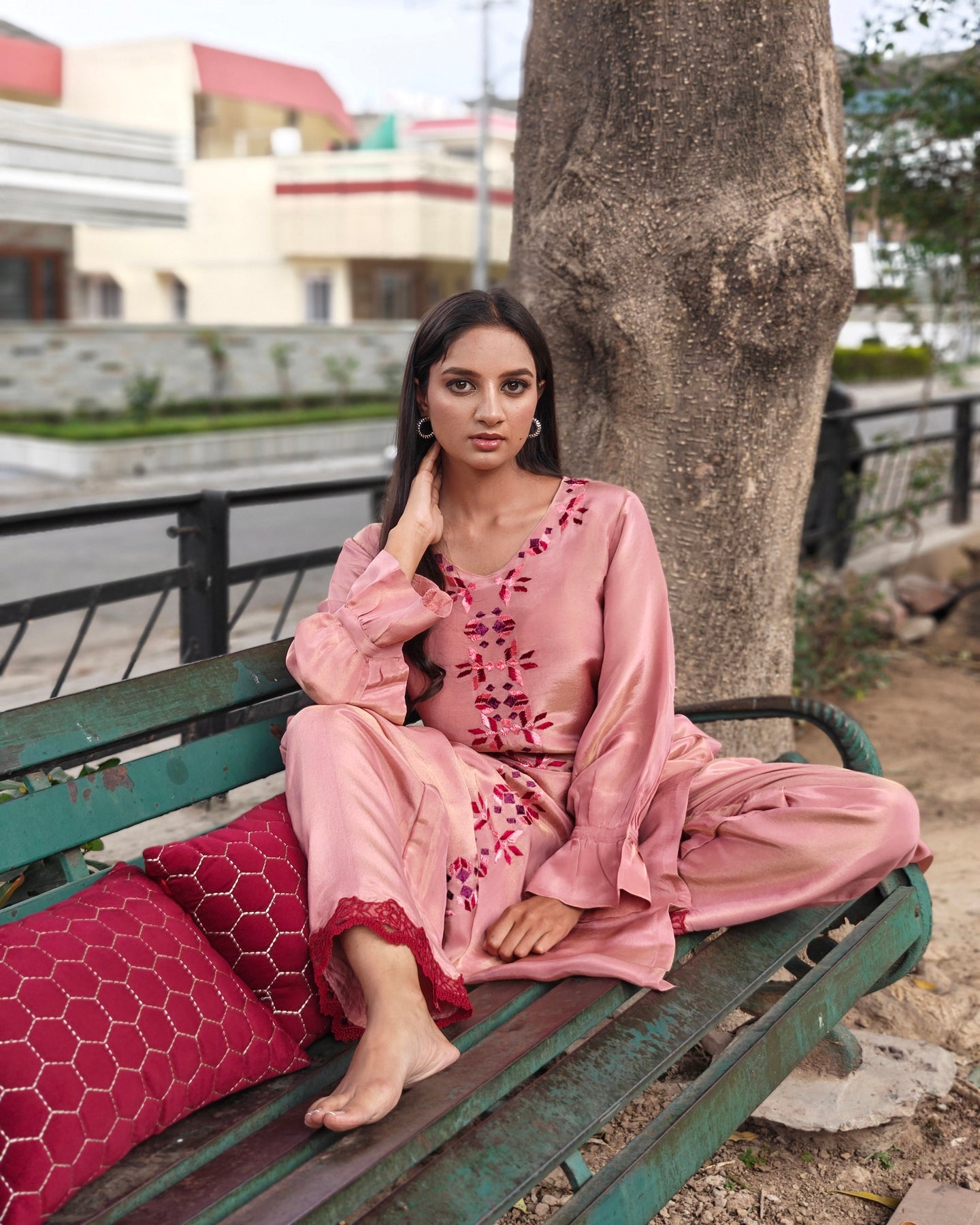 Pure Tissue Hand Work Phulkari Kurti - Blush Pink