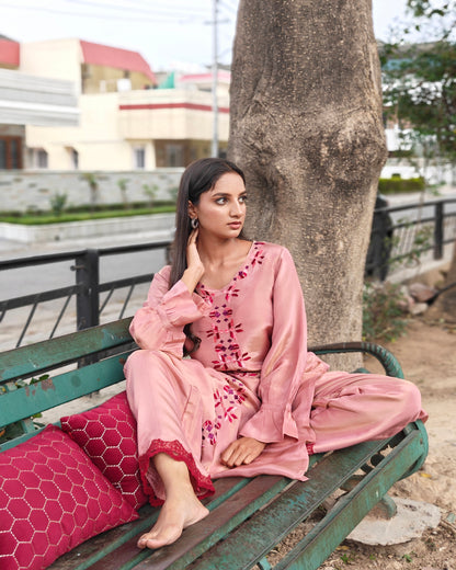Pure soft tissue Hand Work Phulkari Kurti Pant - Blush Pink