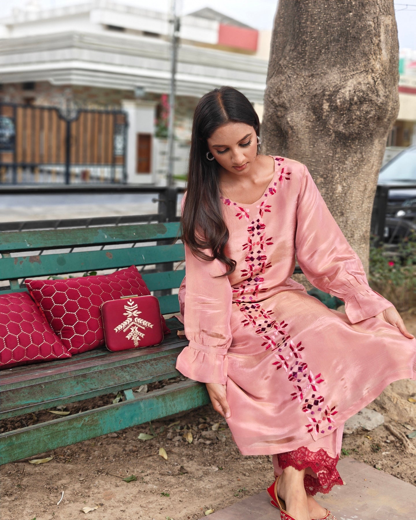 Pure soft tissue Hand Work Phulkari Kurti Pant - Blush Pink