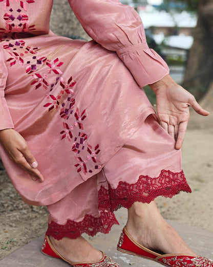 Pure soft tissue Hand Work Phulkari Kurti Pant - Blush Pink