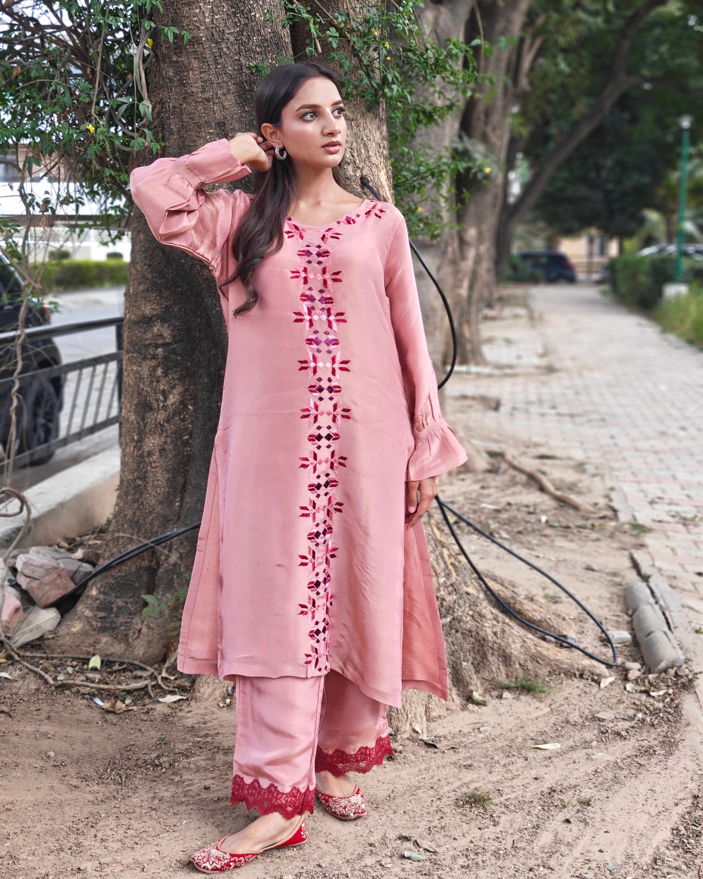 Pure soft tissue Hand Work Phulkari Kurti Pant - Blush Pink