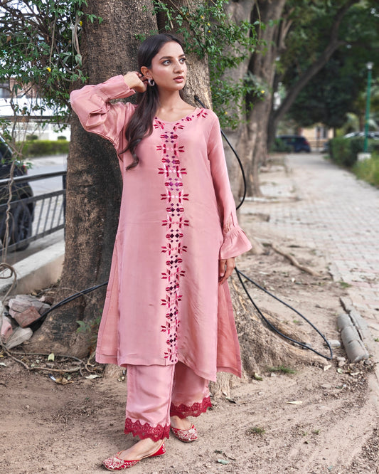 Pure soft tissue Hand Work Phulkari Kurti Pant - Blush Pink