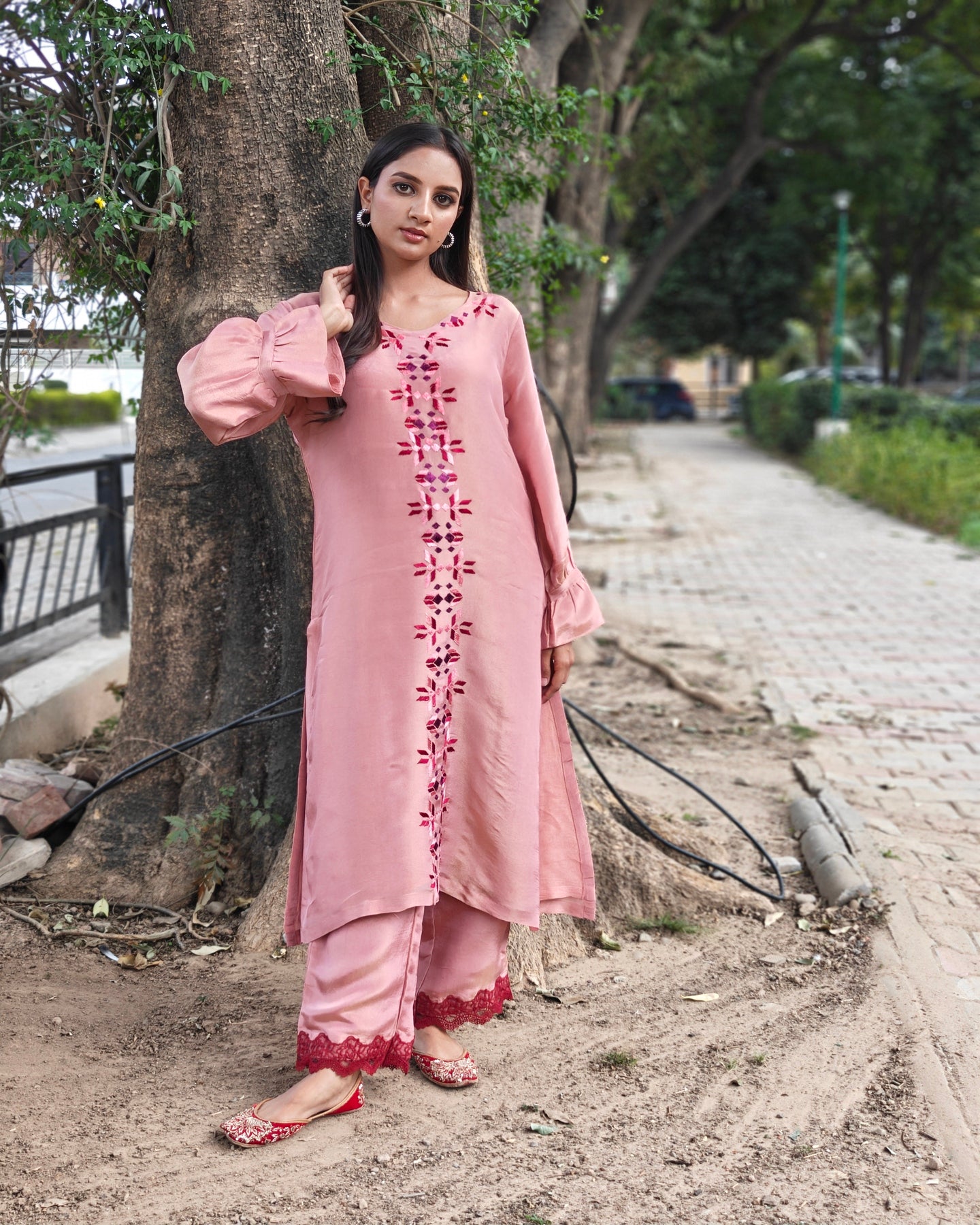 Pure soft tissue Hand Work Phulkari Kurti Pant - Blush Pink