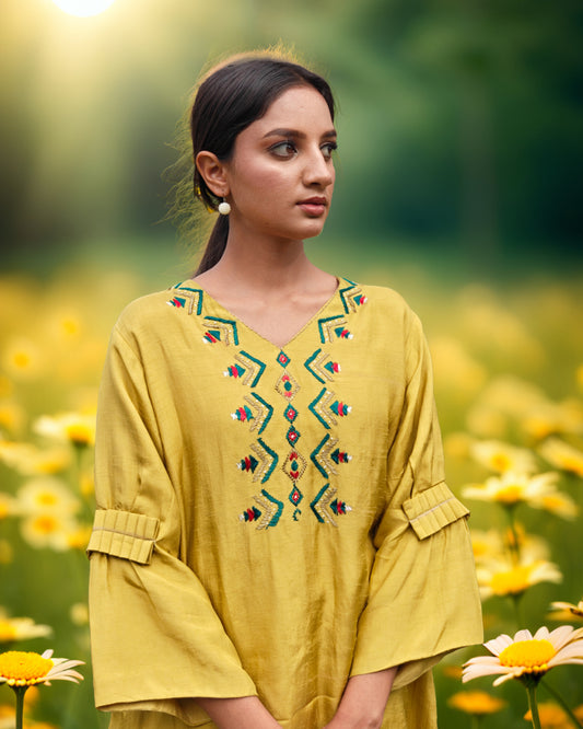 Pure Silk Hand Work Phulkari Top - Sunflower Yellow Bloom