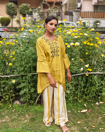 Pure Silk Hand Work Phulkari Coord Set - Sunflower Yellow Bloom