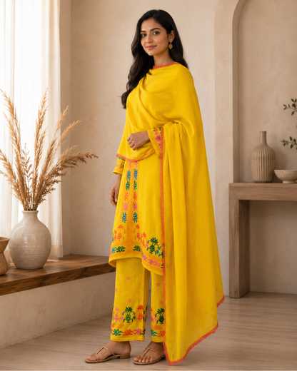 Pure Cotton silk Hand Work Phulkari Kurti Pant - Sunshine Yellow
