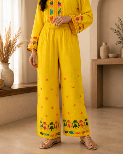 Pure Cotton silk Hand Work Phulkari Kurti Pant - Sunshine Yellow