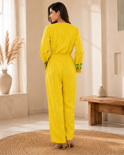 Pure Cotton silk Hand Work Phulkari Kurti Pant - Sunshine Yellow