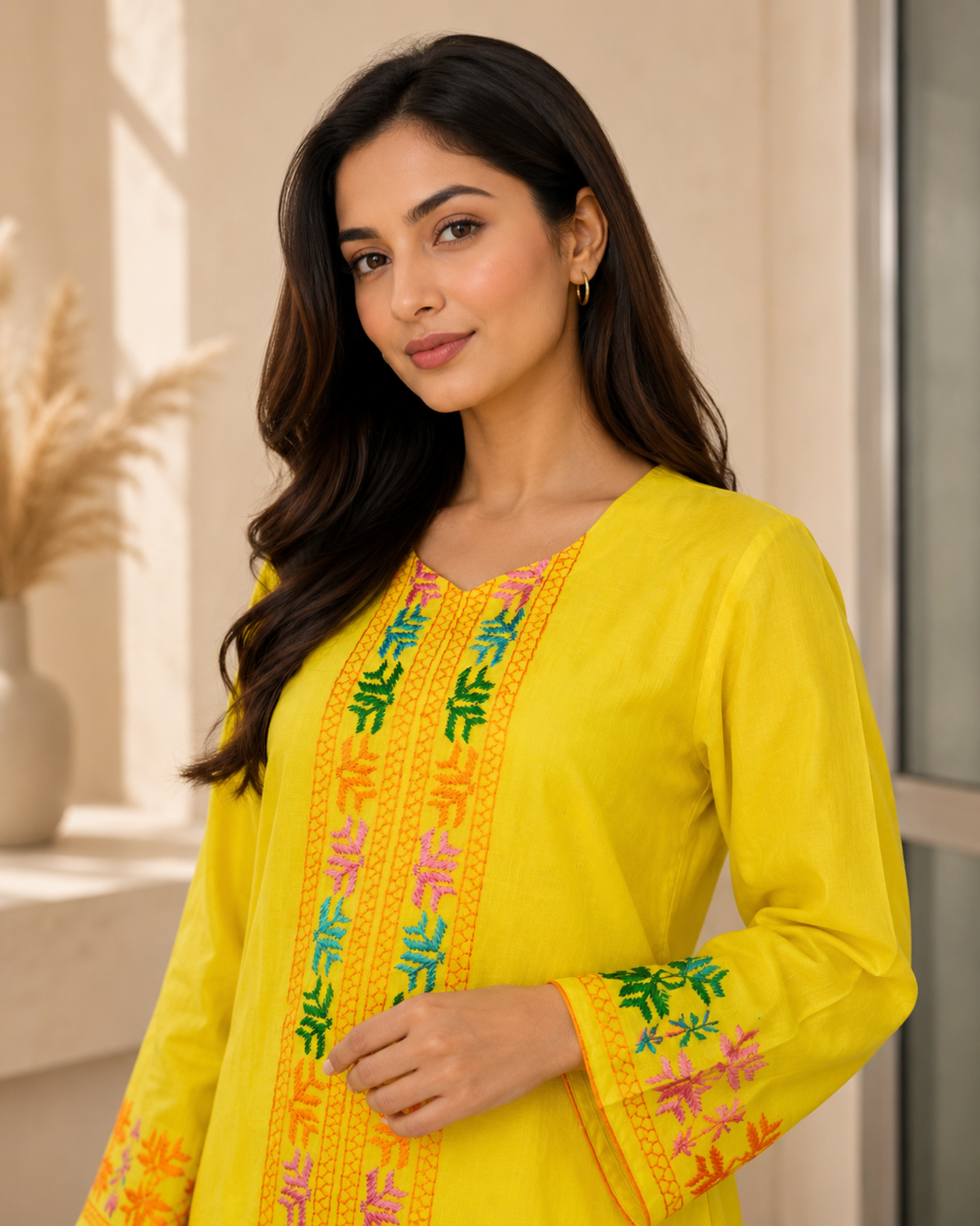 Pure Cotton Silk Hand Work Phulkari Kurti - Sunshine Yellow