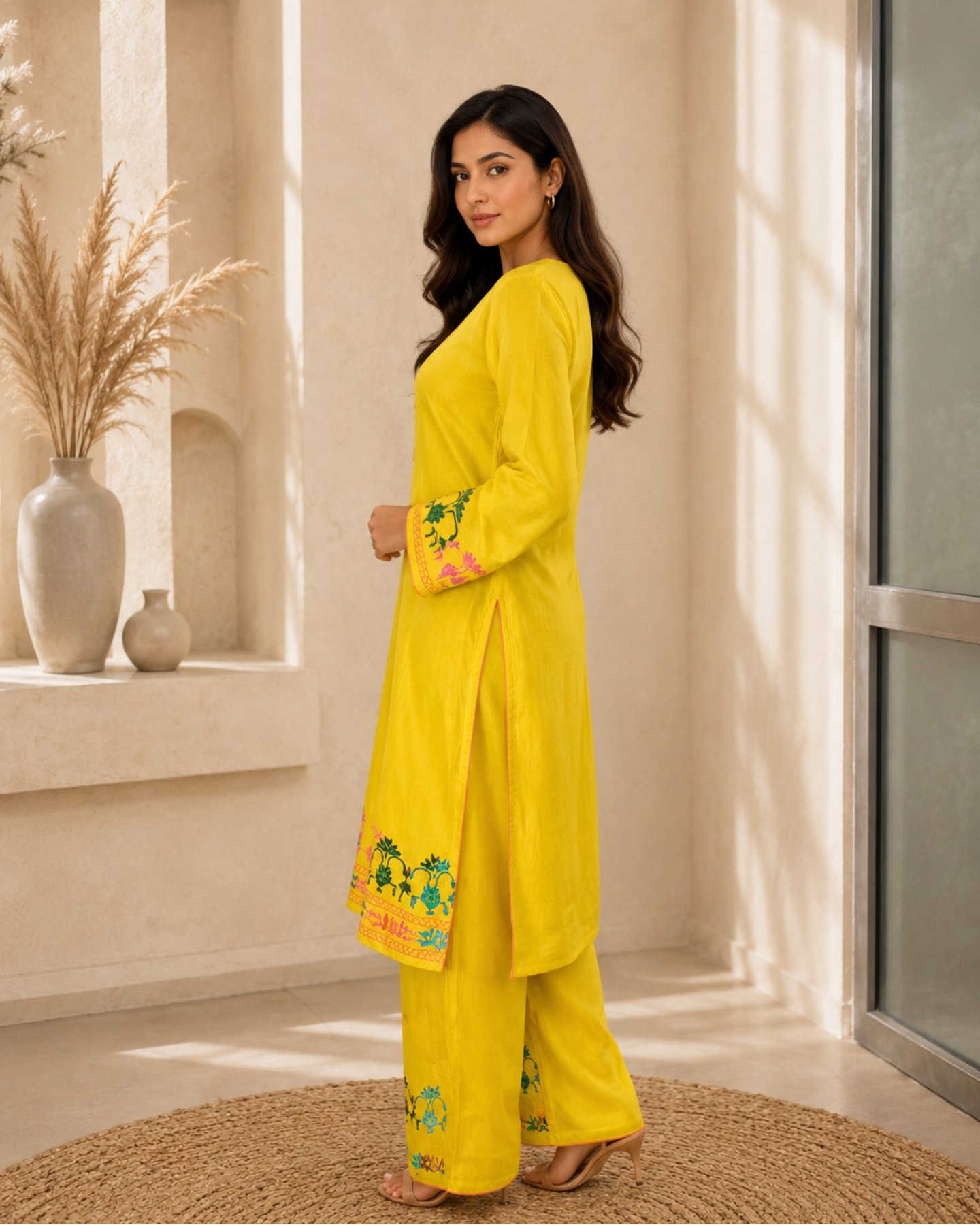 Pure Cotton silk Hand Work Phulkari Kurti Pant - Sunshine Yellow