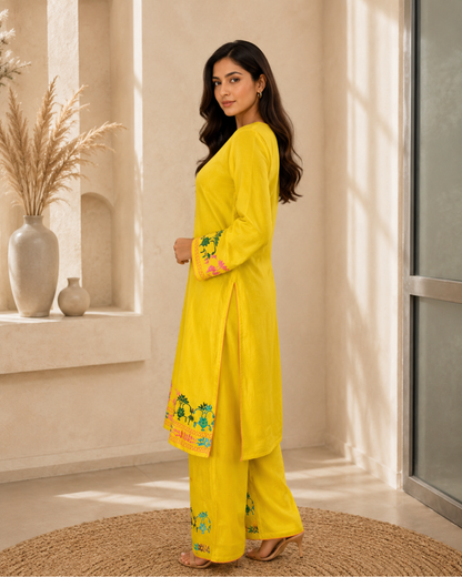 Pure Cotton Silk Hand Work Phulkari Kurti - Sunshine Yellow