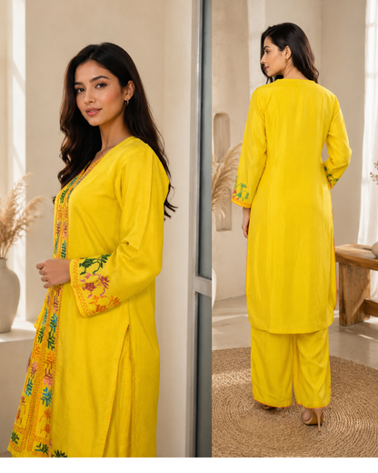 Pure Cotton Silk Hand Work Phulkari Kurti - Sunshine Yellow