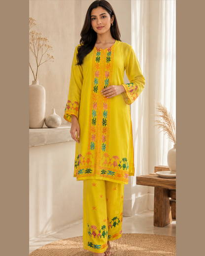 Pure Cotton Silk Hand Work Phulkari Kurti - Sunshine Yellow