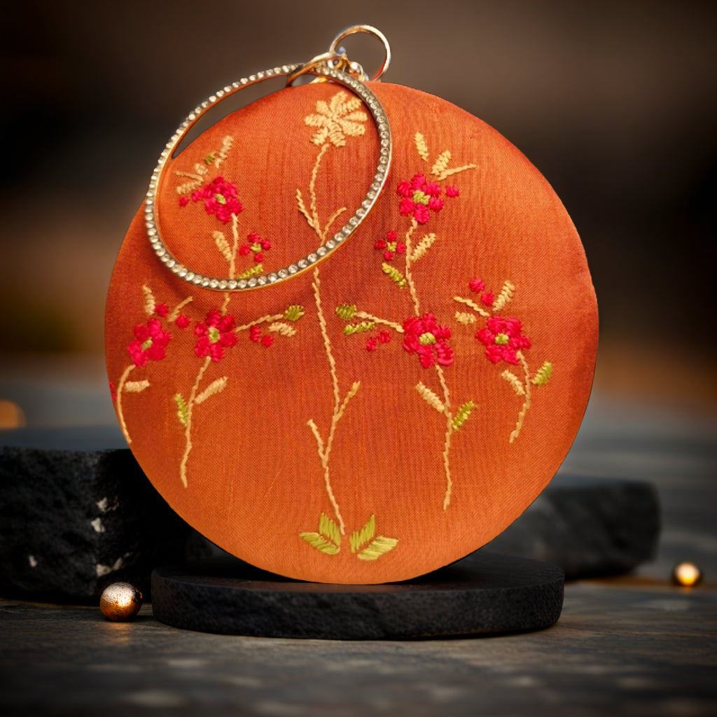Hand Work Phulkari Clutch - Rust brown - Round