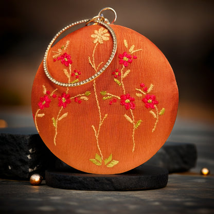 Hand Work Phulkari Clutch - Rust brown - Round