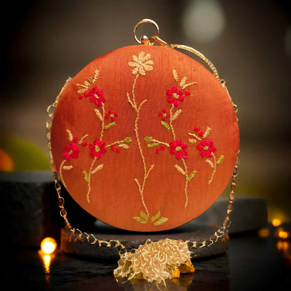 Hand Work Phulkari Clutch - Rust brown - Round