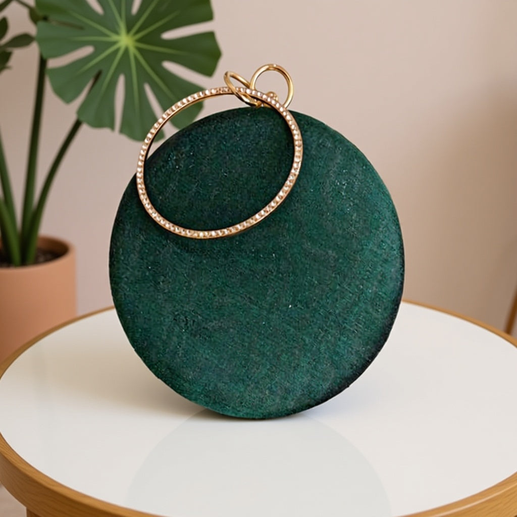Hand Work Phulkari Clutch - Emerald Green - Round