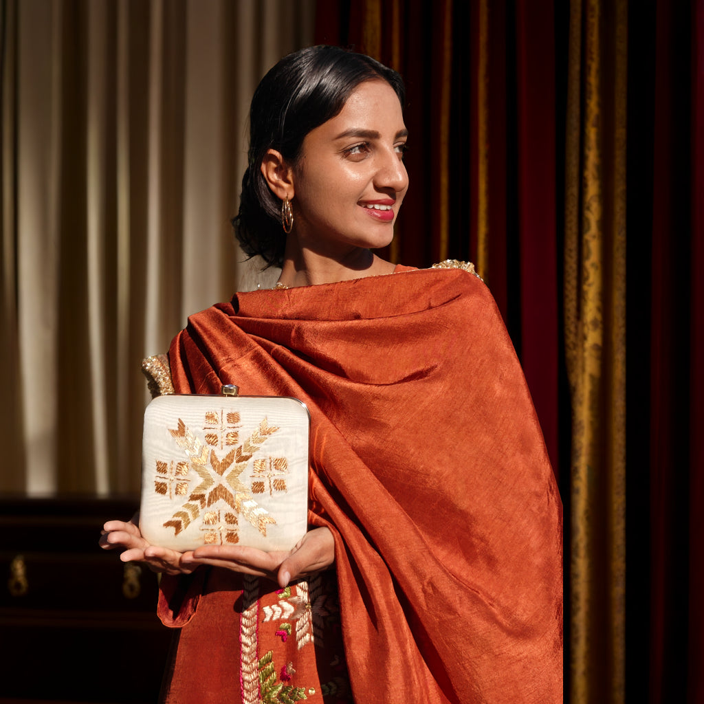 Hand Work Phulkari Clutch - Beige Golden - Square