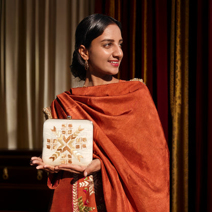 Hand Work Phulkari Clutch - Beige Golden - Square