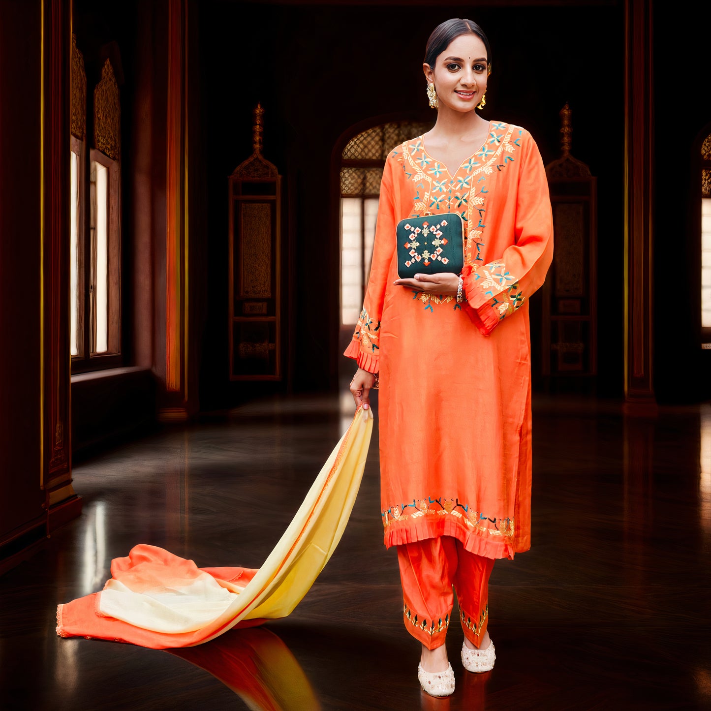 Pure Cotton Silk Hand Embroidered Phulkari Suit with dupatta - Marigold Mirage