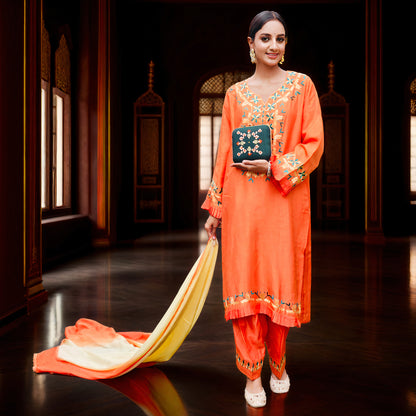 Pure Cotton Silk Hand Embroidered Phulkari Suit with dupatta - Marigold Mirage