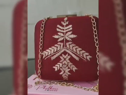 Pure Silk Hand Embroidered Phulkari Clutch - royal maroon + Artisanal + Punjab + Tradition + Women + MakeInIndia + Handicraft +  trend + festival wear + comfort wear + smart wear + trendy wear + indian ethnic + cultural wear + rakhi + diwali + ganesh cahturthi + friends wear + date wear + casual wear + indian wear + western wear + trendy attire + fashion + stylish + dinner + clutch + handbag + sling bag + classy + marriage essentials + bride wear + punjab + panjab + handwork + vibrant + signature