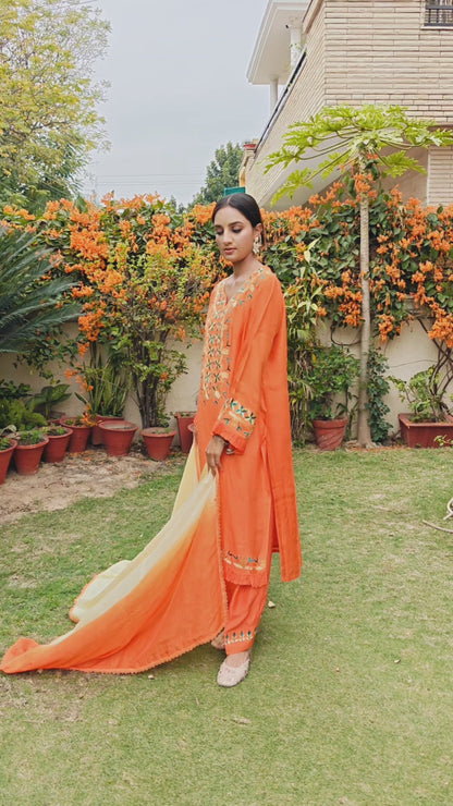 Pure Cotton Silk Hand Embroidered Phulkari Suit with dupatta - Marigold Mirage