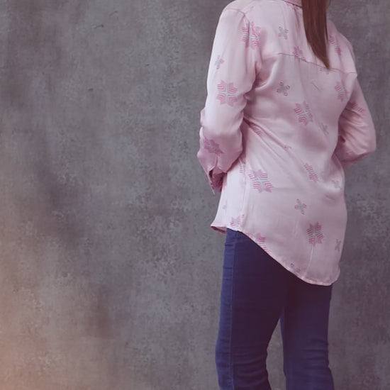 Pure Silk Hand Embroidered Phulkari Shirt - Blush Pink + Artisanal + Punjab + Tradition + Women + MakeInIndia + Handicraft + Printed + Threads + comfort wear + formal wear + stylish wear