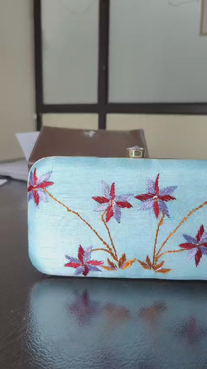 Hand Work Phulkari Clutch - Sky Blue - Rectangle