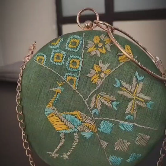 Pure Silk Hand Embroidered Phulkari Clutch - forest green + Artisanal + Punjab + Tradition + Women + MakeInIndia + Handicraft +  trend + festival wear + comfort wear + smart wear + trendy wear + indian ethnic + cultural wear + rakhi + diwali + ganesh cahturthi + friends wear + date wear + casual wear + indian wear + western wear + trendy attire + fashion + stylish + dinner + clutch + handbag + sling bag + classy + marriage essentials + bride wear + punjab + panjab + handwork + vibrant + signature