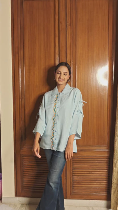 Pure Silk Cotton Hand Work Phulkari Shirt - Morning Sky
