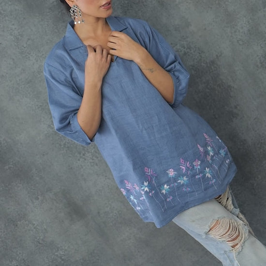 Pure Linen Hand Embroidered Phulkari Tunic - Baby Blue + Artisanal + Punjab + Tradition + Women + MakeInIndia + Handicraft + Panjab + Rang + Colours + Girl Clothing + Fulkari + Threads + Colours + Colors + Embroidery + Handwork + Artisan + Short Kurti + Top + rural + women empowerment + fulkari + dupatta + riral