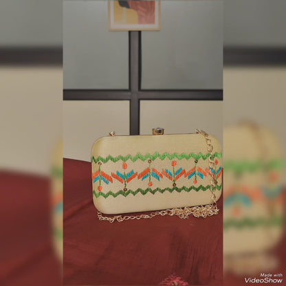 Hand Work Phulkari Clutch - Pure Gold - Rectangle