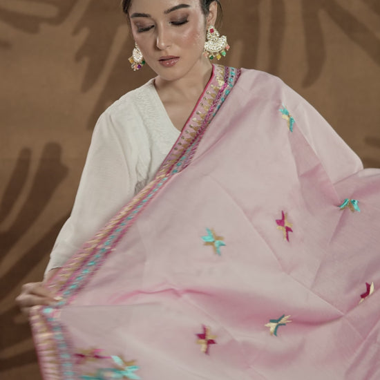 Pure Chanderi Silk Hand Embroidered Phulkari Dupatta - Pinky Pink +  multicolor + royal + antique + Artisanal + Punjab + Tradition + Women + MakeInIndia + Handicraft + Panjab + Rang + Colours + Girl Clothing + Fulkari + Threads + Colours + Colors + Embroidery + Handwork + Artisan + Stylish + Royalty + Royal + Decoration + Decor+ Heritage Punjab + NRI + shagan + sangeet + wedding + vyah + engagement + party + best + top + premium + import + export + shahi + gift + unique + light + heavy + rural + patiala
