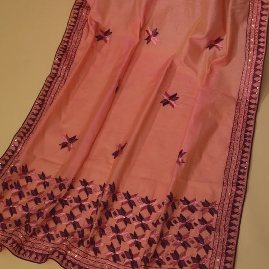 Pure Chanderi Hand Embroidered Phulkari Dupatta - Peachy Pink + multicolor + royal + antique + Artisanal + Punjab + Tradition + Women + MakeInIndia + Handicraft + Panjab + Rang + Colours + Girl Clothing + Fulkari + Threads + Colours + Colors + Embroidery + Handwork + Artisan + Stylish + Royalty + Royal + Decoration + Decor+ Heritage Punjab + NRI