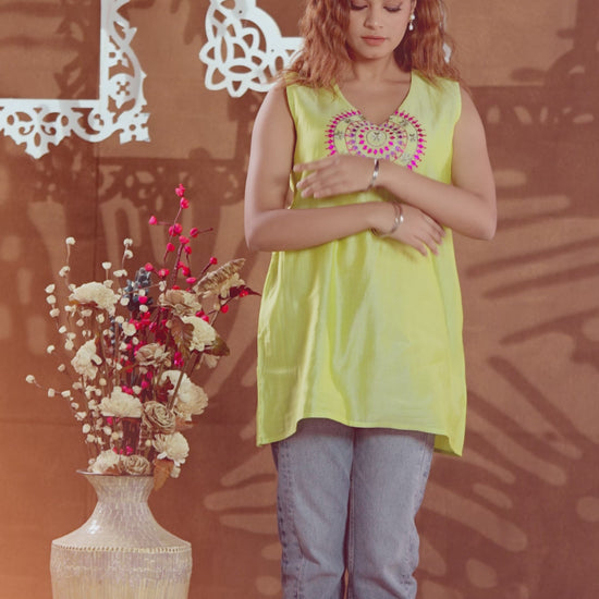 Pure Chanderi Silk Hand Embroidered Phulkari Tunic - leaf green Colours + Artisanal + Punjab + Tradition + Women + MakeInIndia + Handicraft + Blue red Motif + trend + festival wear + comfort wear + smart wear + trendy wear + indian ethnic + cultural wear + rakhi + diwali + ganesh cahturthi + friends wear + date wear + casual wear + indian wear + western wear + trendy attire + fashion + stylish + dinner + luxury + premium + royal + floral + designer