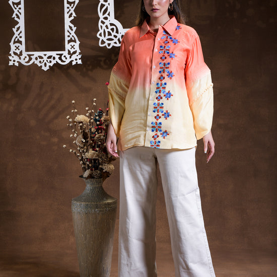 Pure Muslin Hand Embroidered Phulkari Shirt - Ombre Peach Yellow orange  Colours + Artisanal + Punjab + Tradition + Women + MakeInIndia + Handicraft + Blue red Motif + trend + festival wear + comfort wear + smart wear + trendy wear + indian ethnic + cultural wear + rakhi + diwali + ganesh cahturthi + friends wear + date wear + casual wear + indian wear + western wear + trendi attire