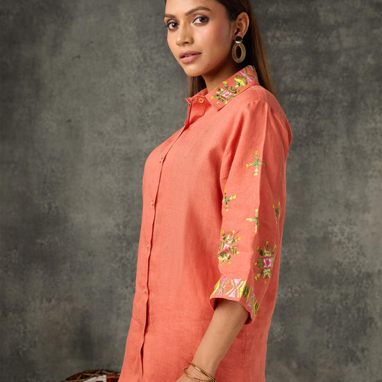 Pure Linen Hand Embroidered Phulkari Coord Set Top Bottom Pant - Coral Orange + Artisanal + Punjab + Tradition + Women + MakeInIndia + Handicraft + Panjab + Rang + Colours + Girl Clothing + Fulkari + Threads + Colours + Colors + Embroidery + Handwork + Artisan + Stylish
