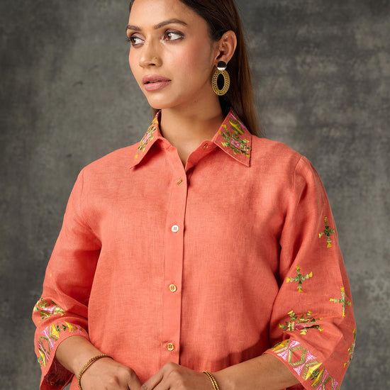 Pure Linen Hand Embroidered Phulkari Coord Set Top Bottom Pant - Coral Orange + Artisanal + Punjab + Tradition + Women + MakeInIndia + Handicraft + Panjab + Rang + Colours + Girl Clothing + Fulkari + Threads + Colours + Colors + Embroidery + Handwork + Artisan + Stylish