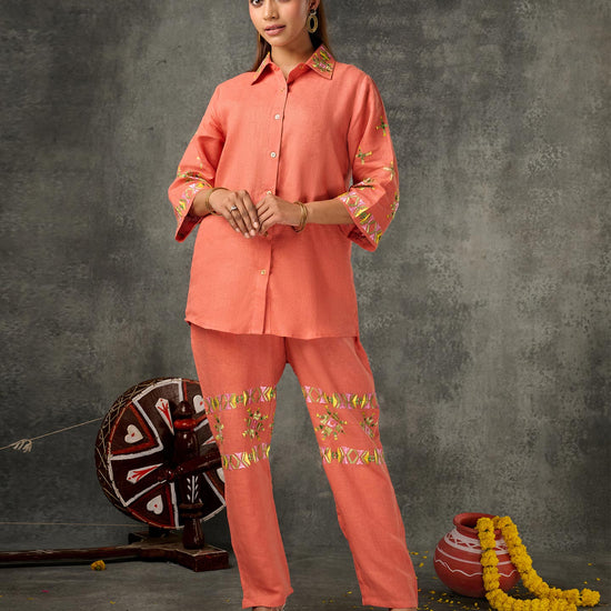 Pure Linen Hand Embroidered Phulkari Coord Set Top Bottom Pant - Coral Orange + Artisanal + Punjab + Tradition + Women + MakeInIndia + Handicraft + Panjab + Rang + Colours + Girl Clothing + Fulkari + Threads + Colours + Colors + Embroidery + Handwork + Artisan + Stylish