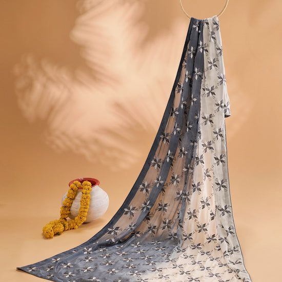 Pure Chinon Hand Embroidered Phulkari Dupatta - Shades of Grey + multicolor + royal + antique + Artisanal + Punjab + Tradition + Women + MakeInIndia + Handicraft + Panjab + Rang + Colours + Girl Clothing + Fulkari + Threads + Colours + Colors + Embroidery + Handwork + Artisan + Stylish + Royalty + Royal + Decoration + Decor+ Heritage Punjab + NRI